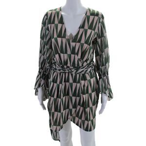 PatBO Womens Cotton Geometric Print Long Sleeve V Neck Dress Green Size 4